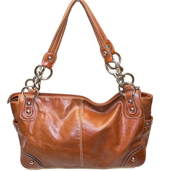 Kathy Van Zeeland Handbag Beown Faux Leather Zip Close Double Straps - Picture 4 of 12